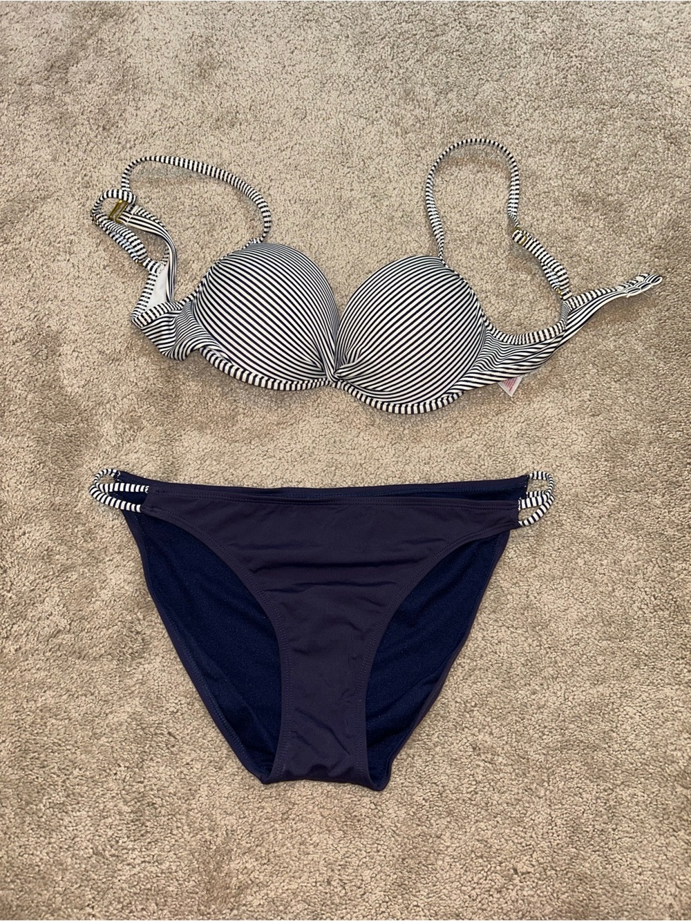 Xhilaration Black & White Striped Push-Up Bikini Top with Navy Bottoms